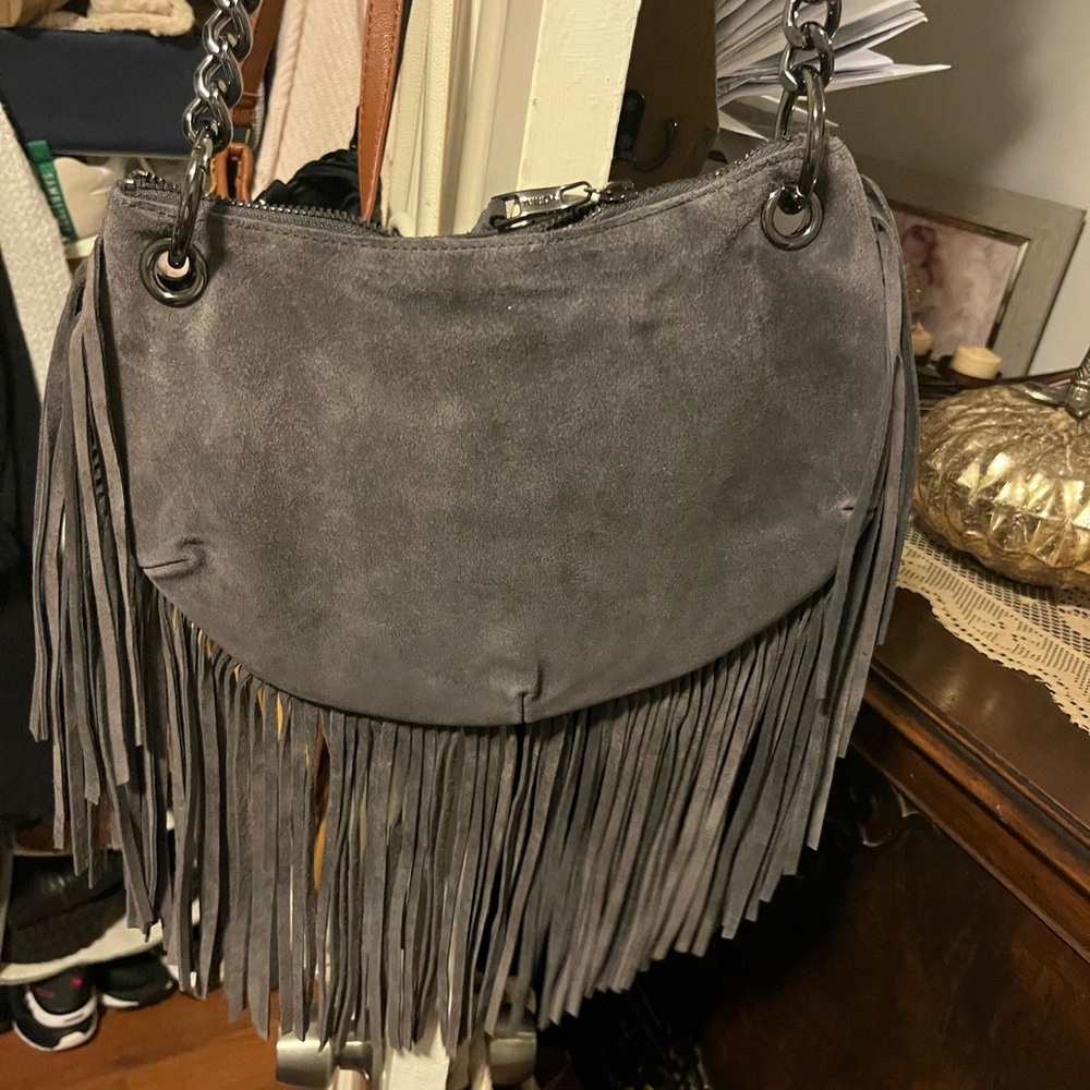 Sorial Charcoal Suede Fringe Shoulder Bag